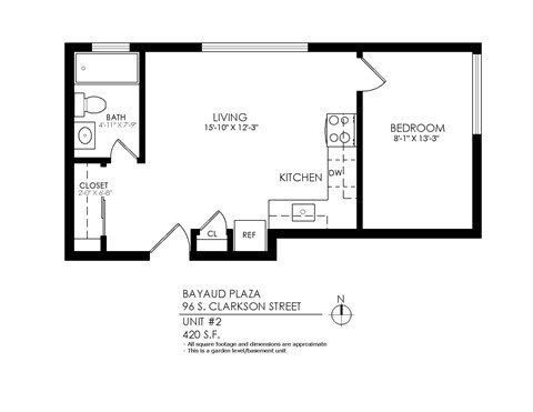 A floor plan of an apartment at Bayaud Plaza shows a living room, kitchen, bedroom, and bathroom.